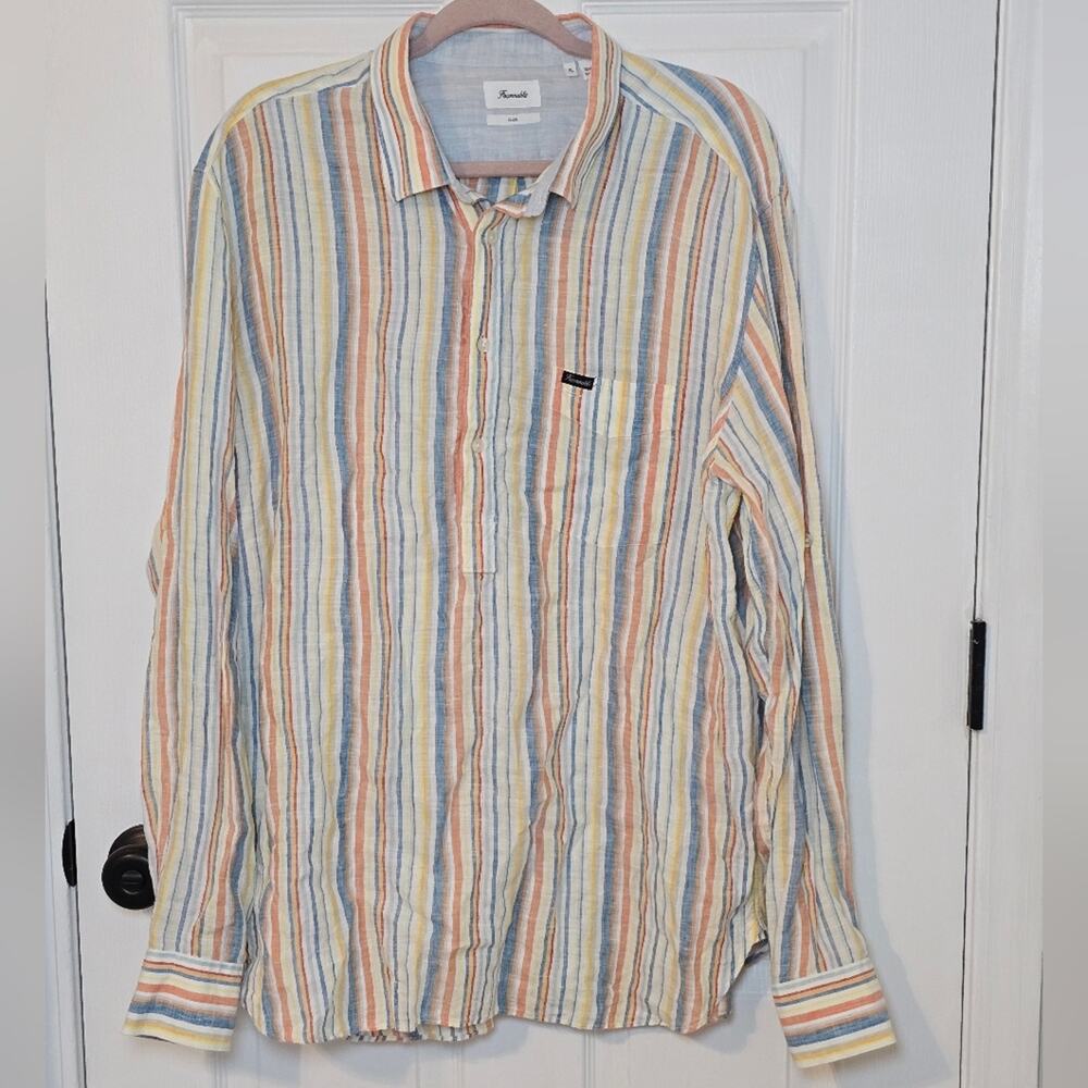 Faconnable Linen Popover Shirt Pastel Stripe Long Sleeve XL Resort Mediterranean